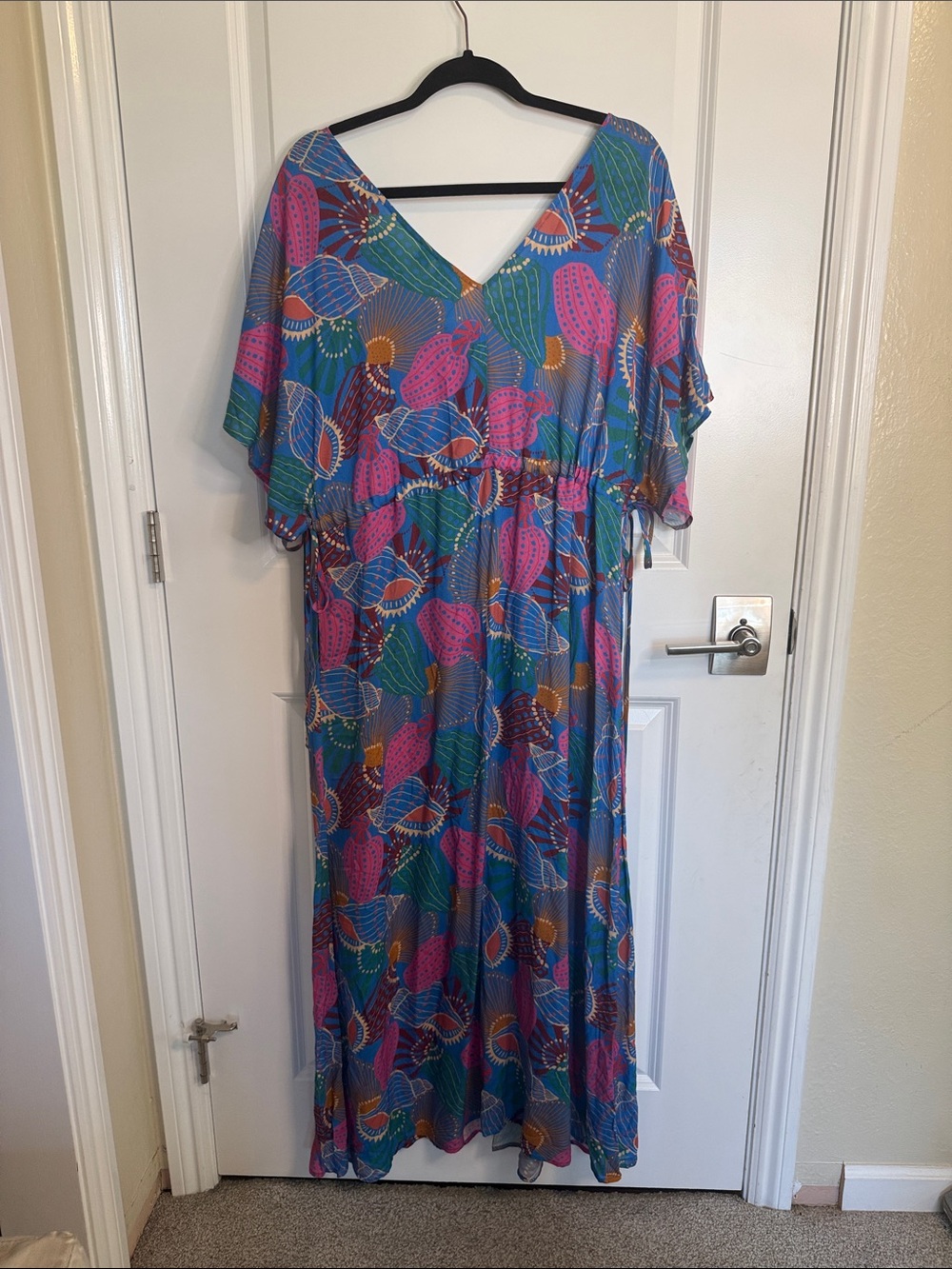 Anthropologie Teal Maxi Dress/ Beach Cover-up. Pink, Green & Gold Shell Print - Picture 5 of 8